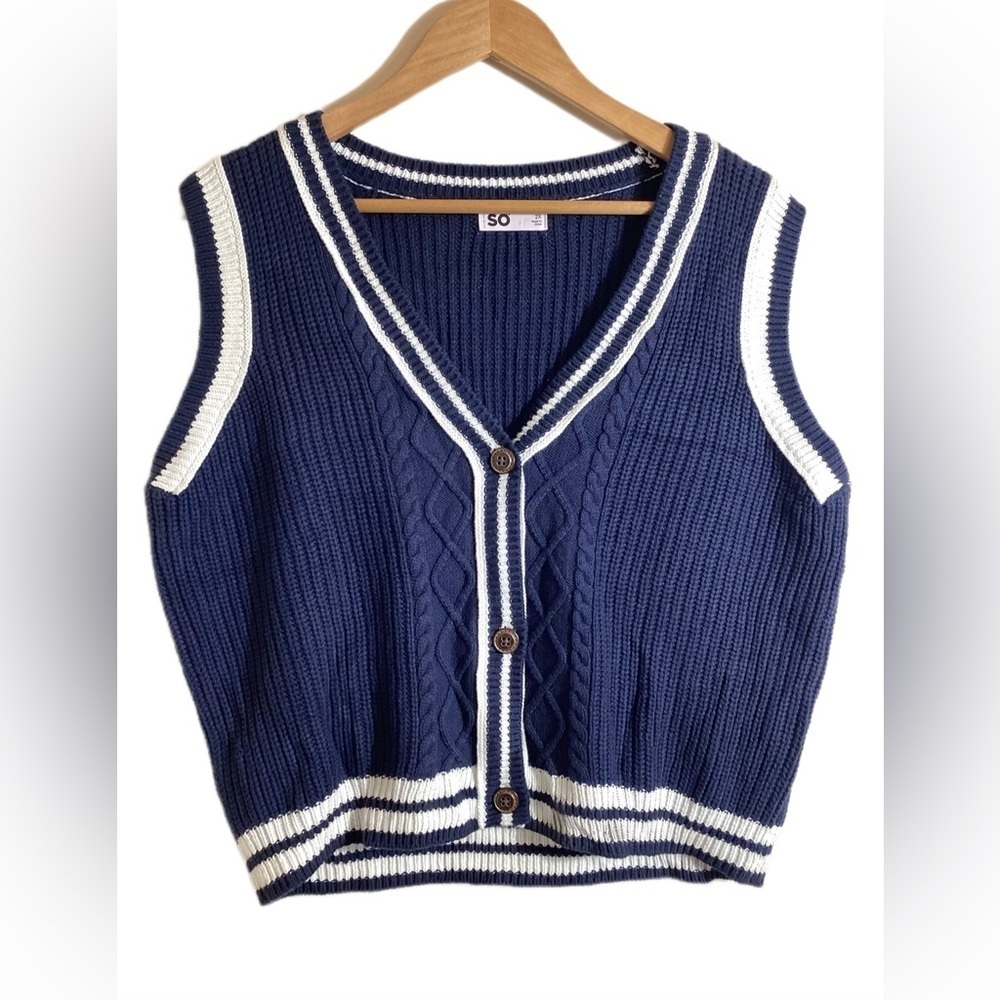 Tennis Prep Chunky Cable Knit Sweater Vest Size 2X Navy Blue Classic Retro Y2K - Picture 2 of 13